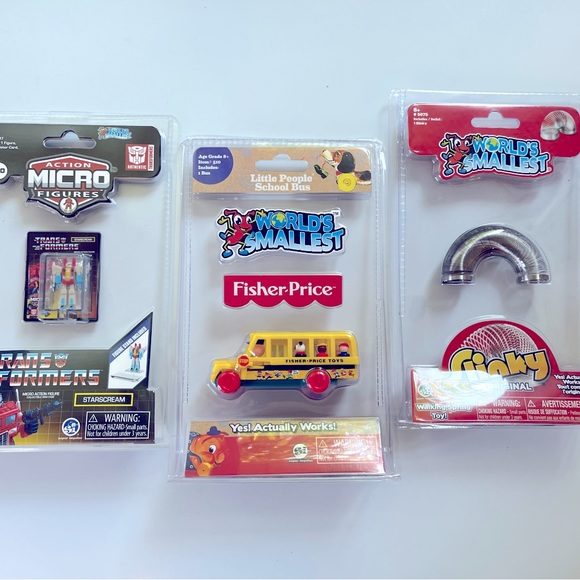 Worlds Smallest & Microfigure Toys. Fisher Price School Bus, Slinky, Transformer - Picture 1 of 4